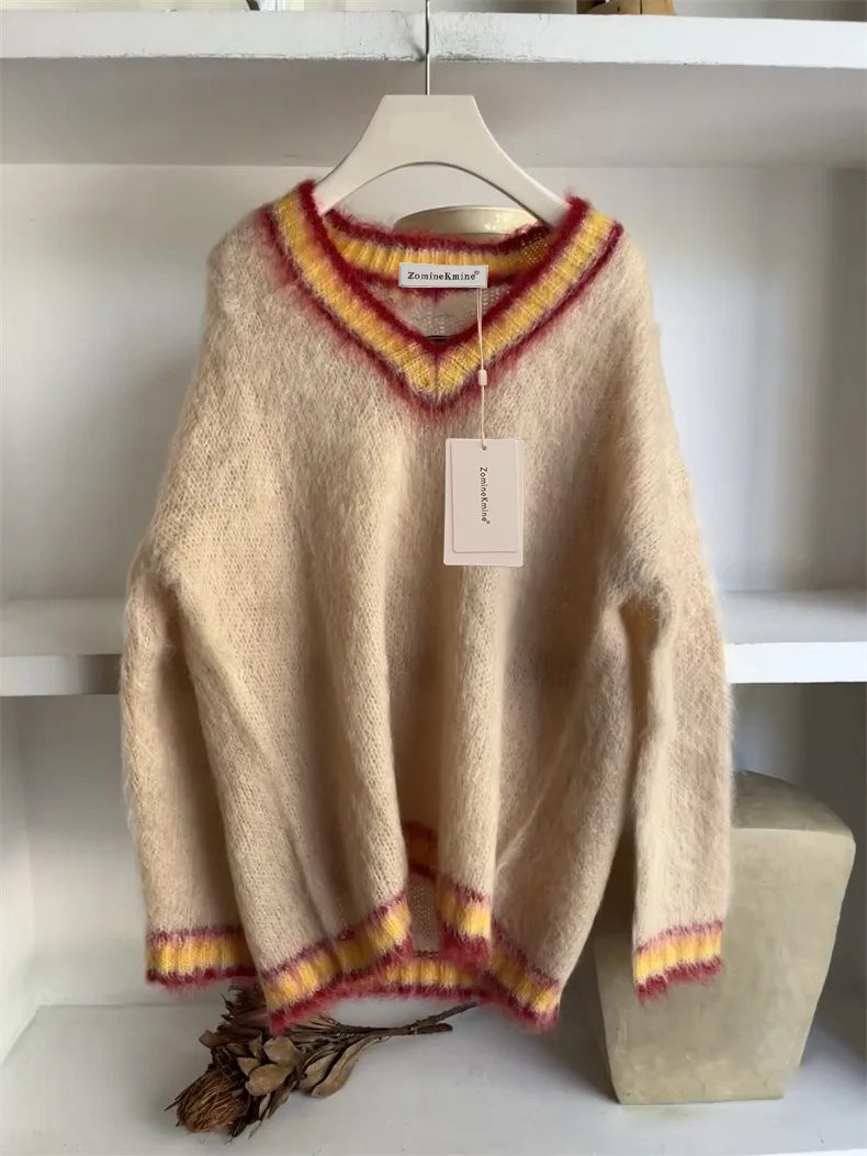 

Niche 2023 autumn and winter new mohair V-neck loose mid-length sweater sweater for women