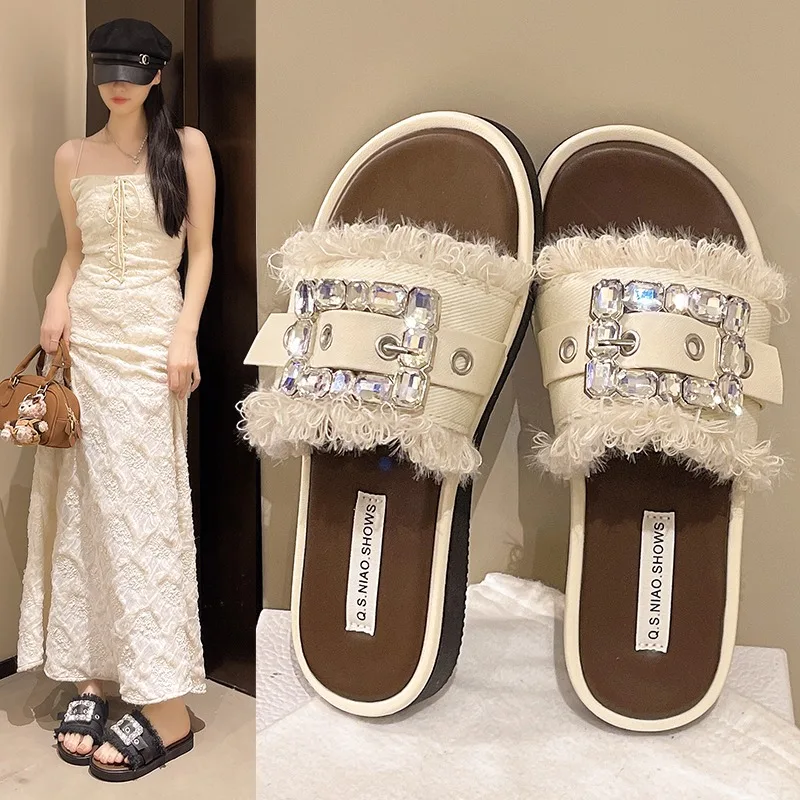 2026Women's Slippers French Style Seaside Casual  Vacation Beach Shoes Genuine Leather Roman Sandals for Summer
