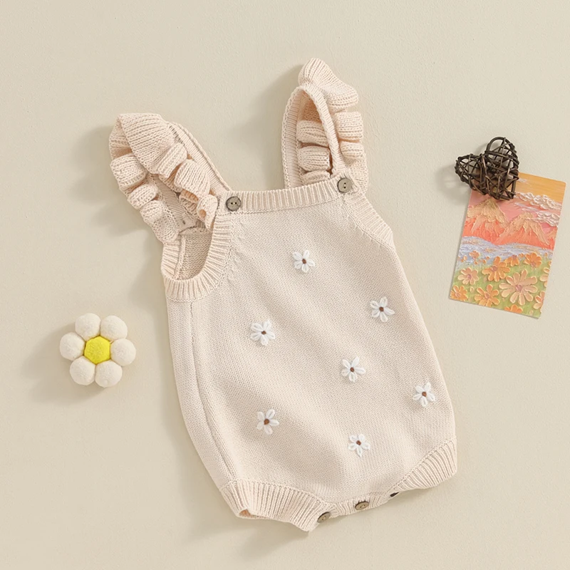 Lioraitiin Newborn Baby Girls Knitted Rompers Spring Summer Toddler Kids Ruffles Floral Embroidery Jumpsuits Playsuits Clothes