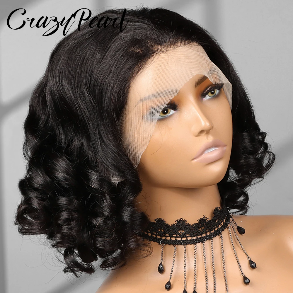 13X4 Lace Frontal Wig Human Hair Bob Wig Loose Wave Curly Remy Hair Short Bob Lace Wig For Women Natural Looking Pre Plucked