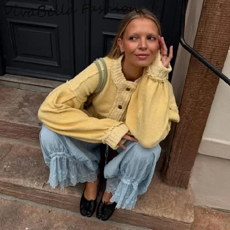 

Knitted Cardigan For Women Lantern Sleeve High Collar Solid Sweater Chic Single Breasted Knit Coat 2025 Autumn New Lady Outwears