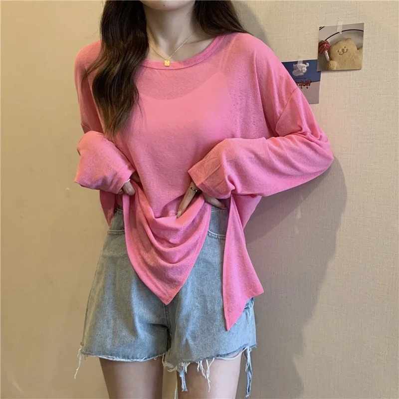 Thin Slightly See-through Slit Sunscreen Long-sleeved T-shirt for Women Summer Candy Color Loose Blouse Women's Clothing Offers