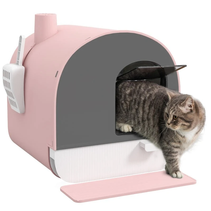 

Hooded Cat Litter Box, Kitten Litter Tray, with Lid, Scoop, Filter, Flap Door, Pink