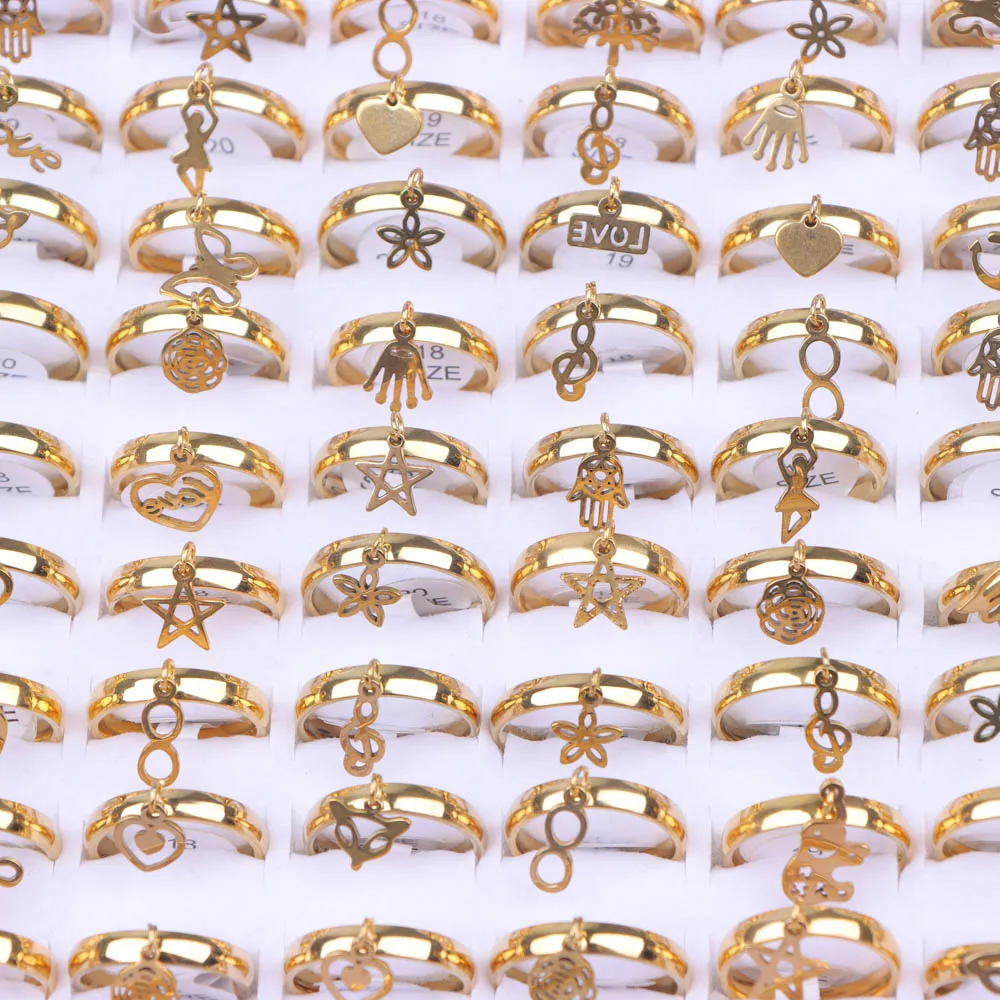 10/20/30/50Pcs/Lot Fashion Simply Star Moon Stainless Steel Small Pendant Rings For Women Mix Color Jewelry Party Gift Wholesale