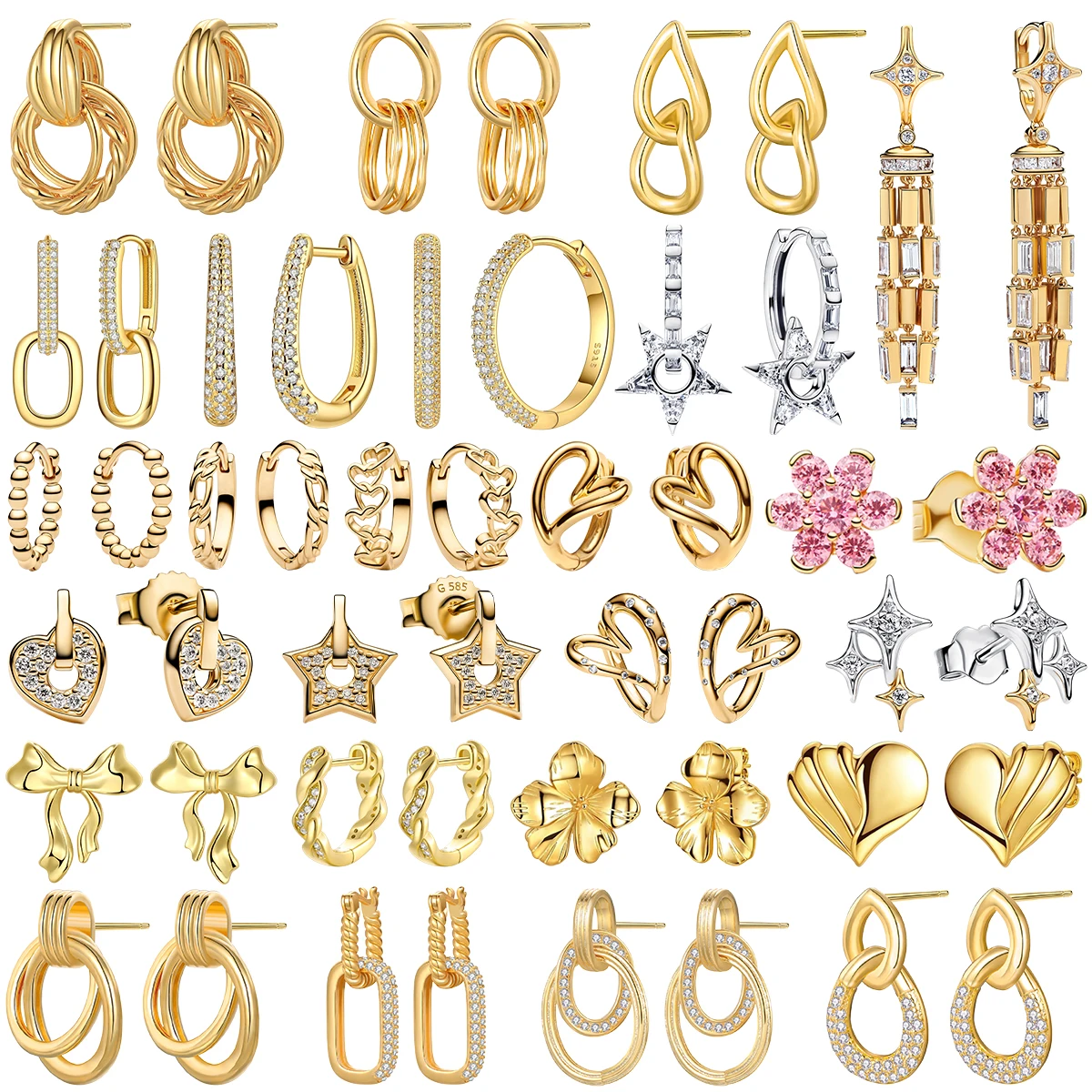 Fashion 925 Sterling Silver Golden Hoop Earrings Multi Layer Circle Heart Star Flower Crystal Inlay Ear Jewelry For Daily Wear