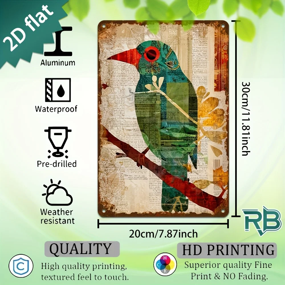 New Trendy HD Metal Wall Art - Vintage Rustic 2D Flat Design Featuring a Retro Teal Bird with Red Beak Perched on a Branch with