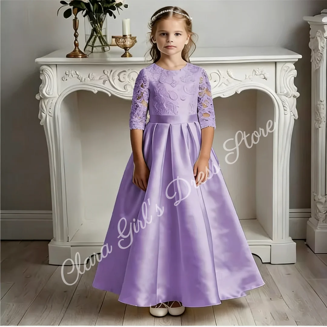 First Communion Dress Cute Little Flower Girl Dress Custom Satin with Lace Prints and Bows Children's Birthday Party Dress