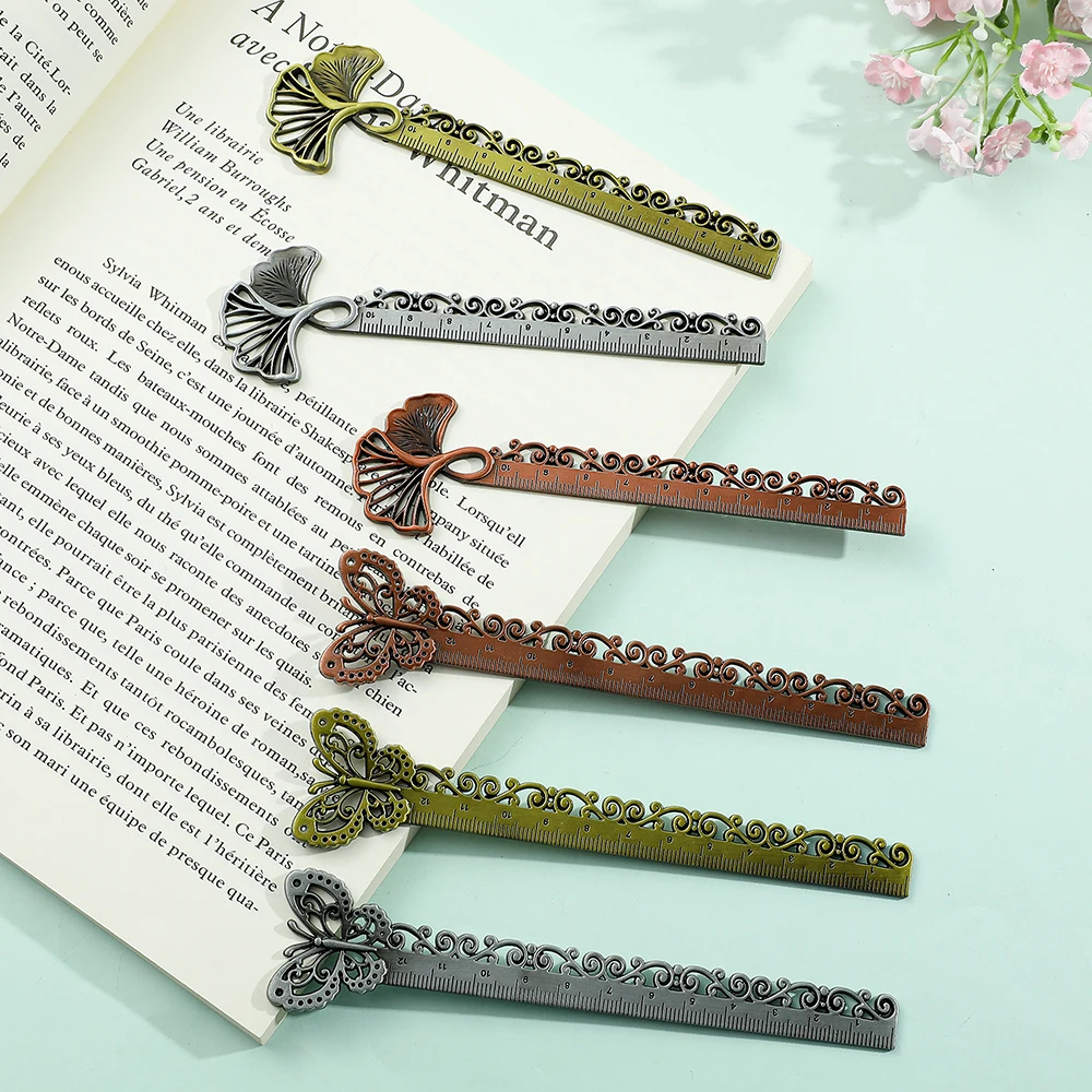 Three-color ginkgo leaf, butterfly bookmark, vintage metal ruler bookmark, dual-purpose reading office gift for bookworms