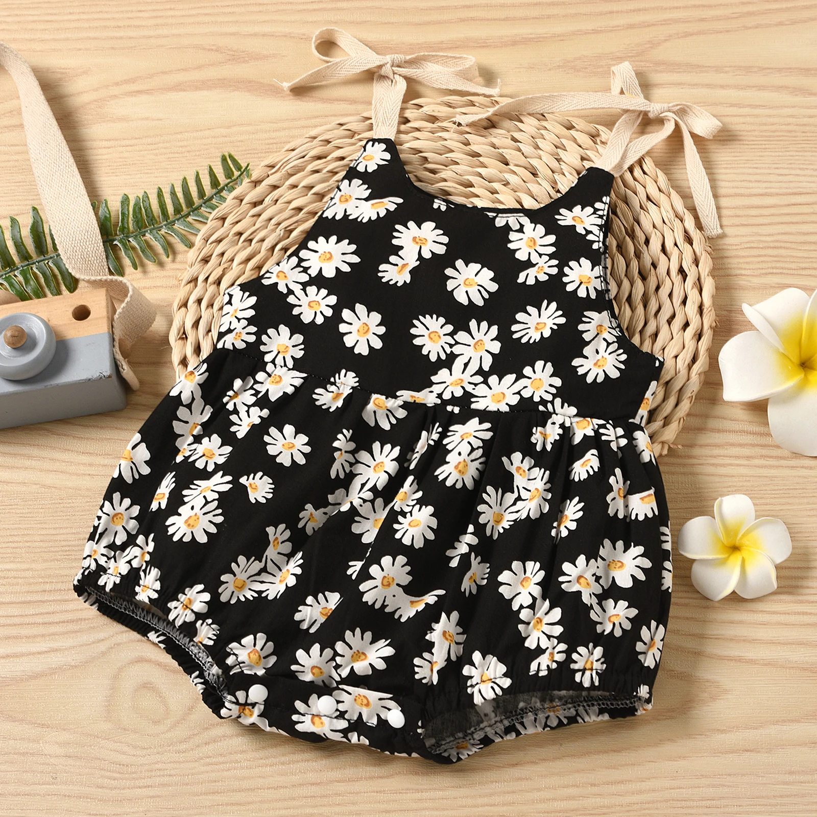 Summer Baby Boy Black Sunflower Print Sling Harness Crawling Suit