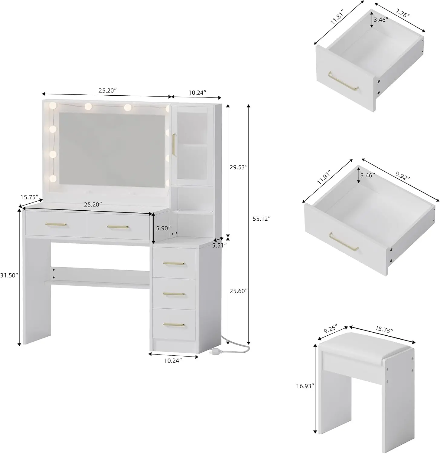White Vanity Table with Drawer Dresser, Farmhouse Vanity Makeup Desk with Charging Station, Vanity Desk with Lights Mirror & Drawers for Makeup,Vanity Desk with Storage Shelf & 5 Drawers (Gold Handle)