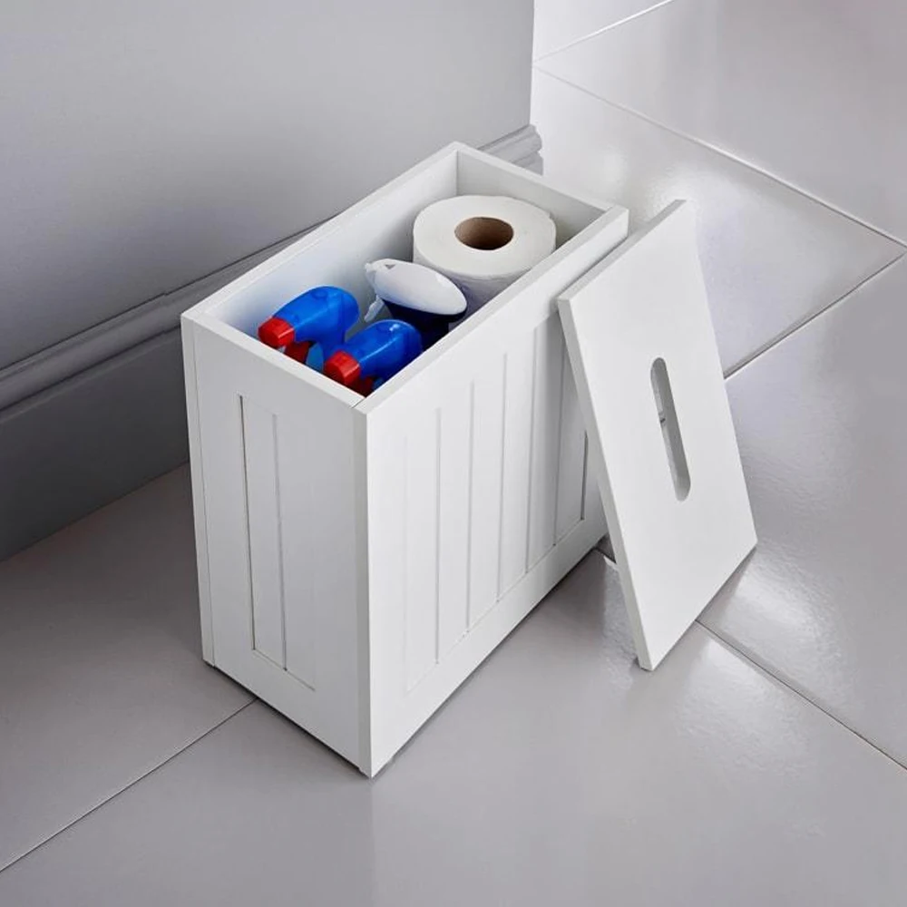 Caja de almacenamiento blanca impermeable para baño con tapa, organizador independiente para artículos de limpieza del inodoro