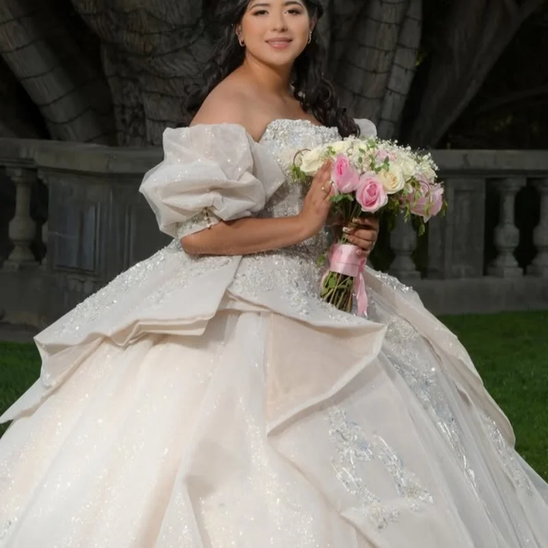 

Shiny ivory Quinceanera Dress off-shoulder Glitter Decal Long tail Bow Vestidos De 15 Quinceanera ﻿Customize