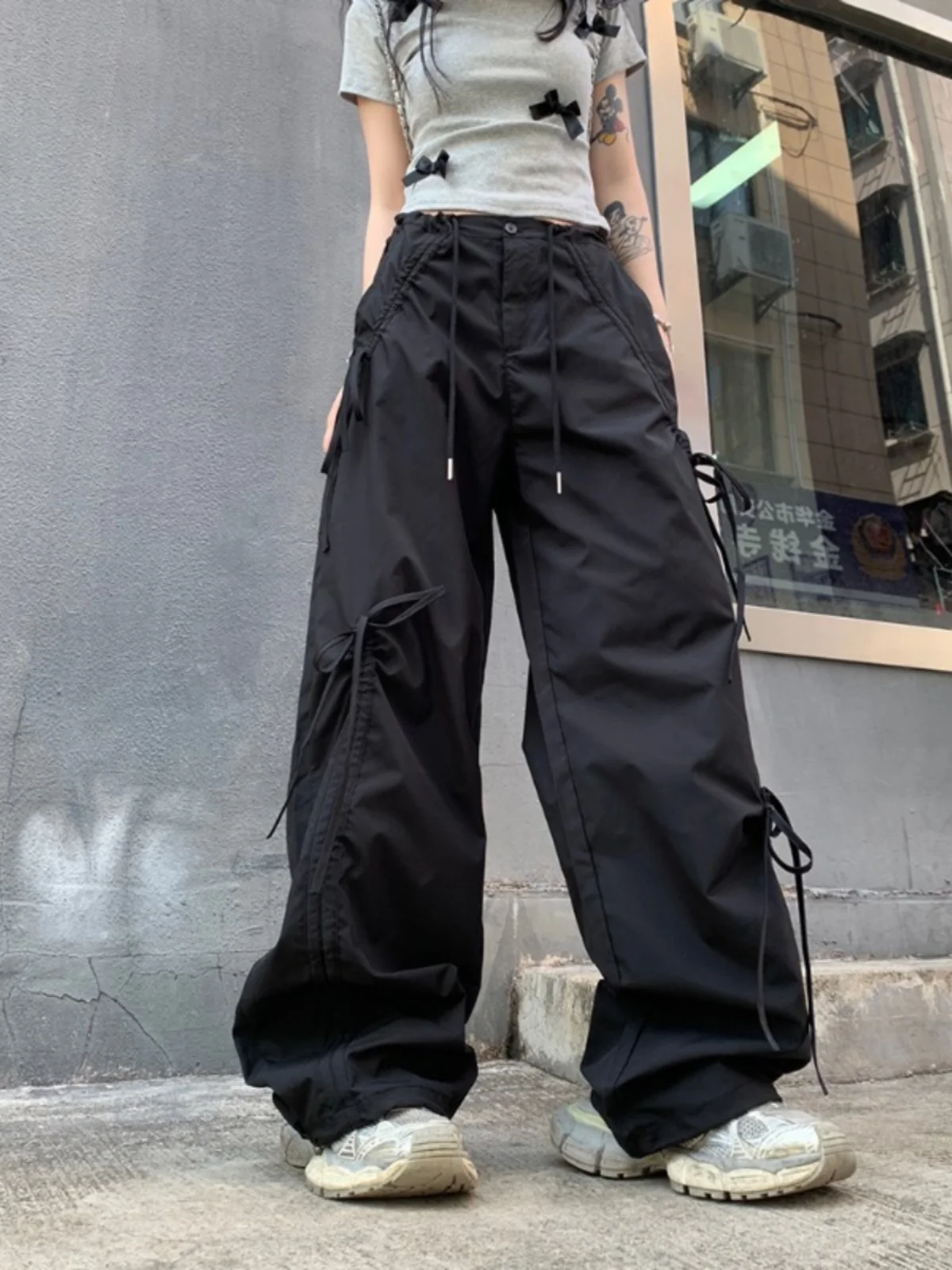 Women Oversize Y2k Cargo Pants Baggy Vintage Streetwear Harajuku Pink Bow Pants High Waist Wide Leg Trouser 2000s Trashy Clothes