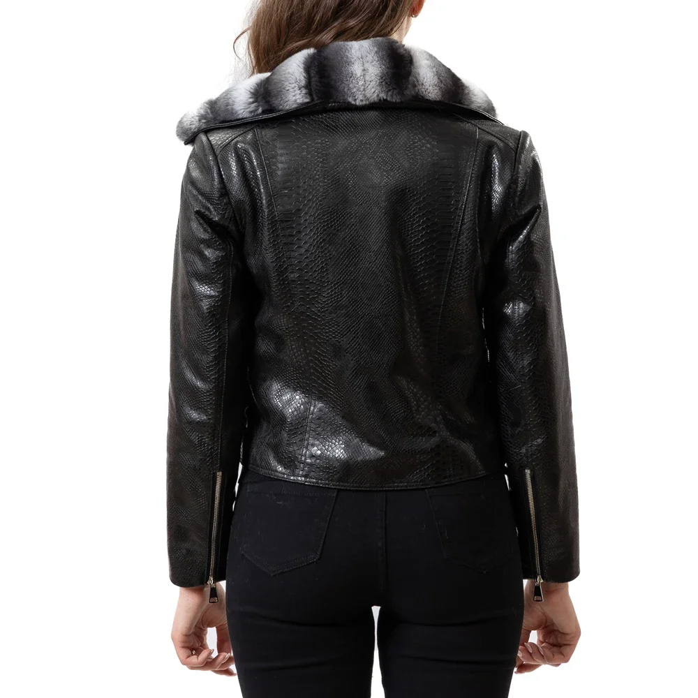 2026 Spring New Women's Rabbit Fur Collar Black Genuine Leather Long Sleeve Jacket, Motorcycle Style, Personalized B240414