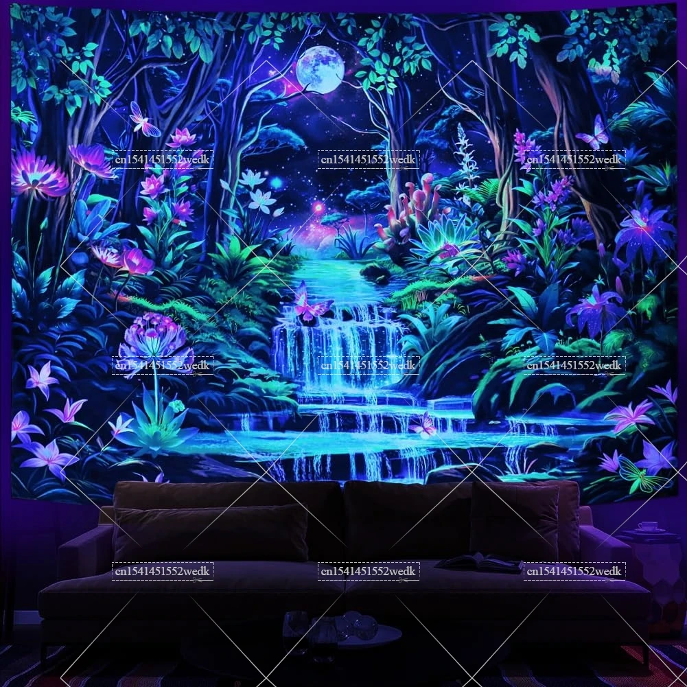 Forest Moon Blacklight Tapestry UV Reactive Neon Galaxy Space Black Light Tapestrys Glow In The Dark Wall Decor Party Backdrops