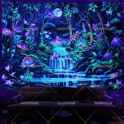 Forest Moon Blacklight Tapestry UV Reactive Neon Galaxy Space Black Light Tapestrys Glow In The Dark Wall Decor Party Backdrops