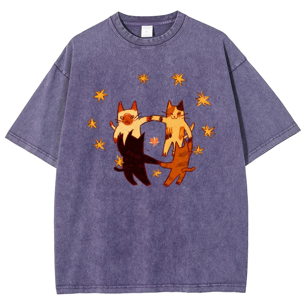 Women T-Shirt Cute Cats Holding Hands Graphic Tee Funny Starry Sky Print Vintage Washed Blue Short Sleeve Oversized Cotton Top