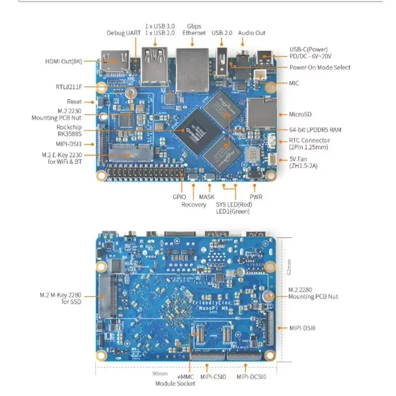 2026 New, High Quality NanoPi M6 RK3328 SoC Single Board Computer with 6GB RAM and eMMC Module Socket Supporting OpenWrt