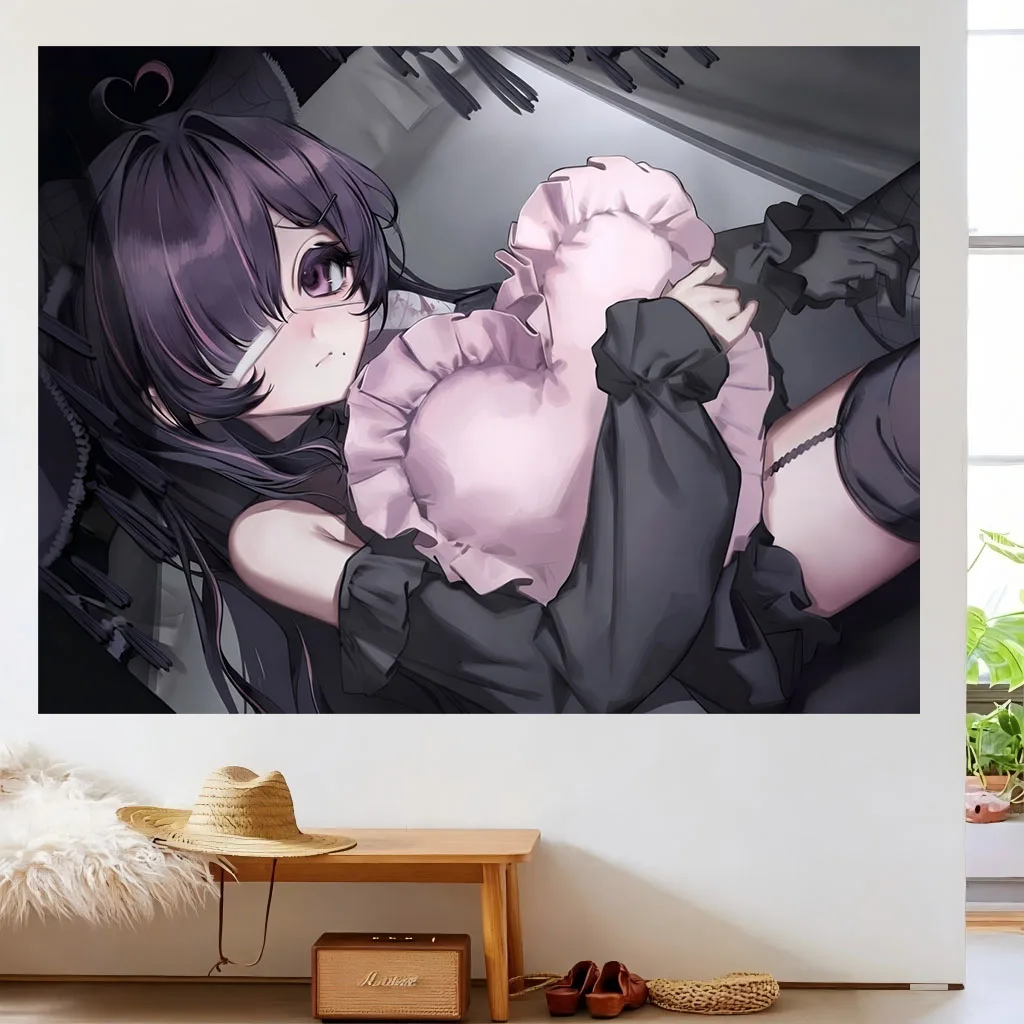 Purple Hair Cat Ear Girl Eye‑Patch Heart Pillow Dark Gothic Lolita Wall Hanging Art for Dorm Bedroom Emo Aesthetic Room Home Dec
