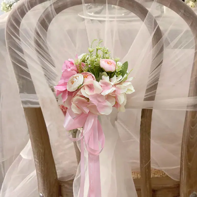 2 Pcs Chair Sashes Artificial Hydrangea Flowers Tie Knot Cover For Church Hotel Banquet Outdoor Wedding Party Events Decoration