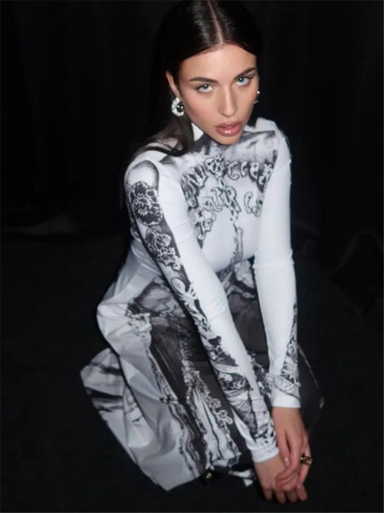 

Shestyle White Graffiti Skull Print Long Dresses Flare Floor Length Turtleneck Autumn Winter Full Sleeve Fantastic Clothes Lady