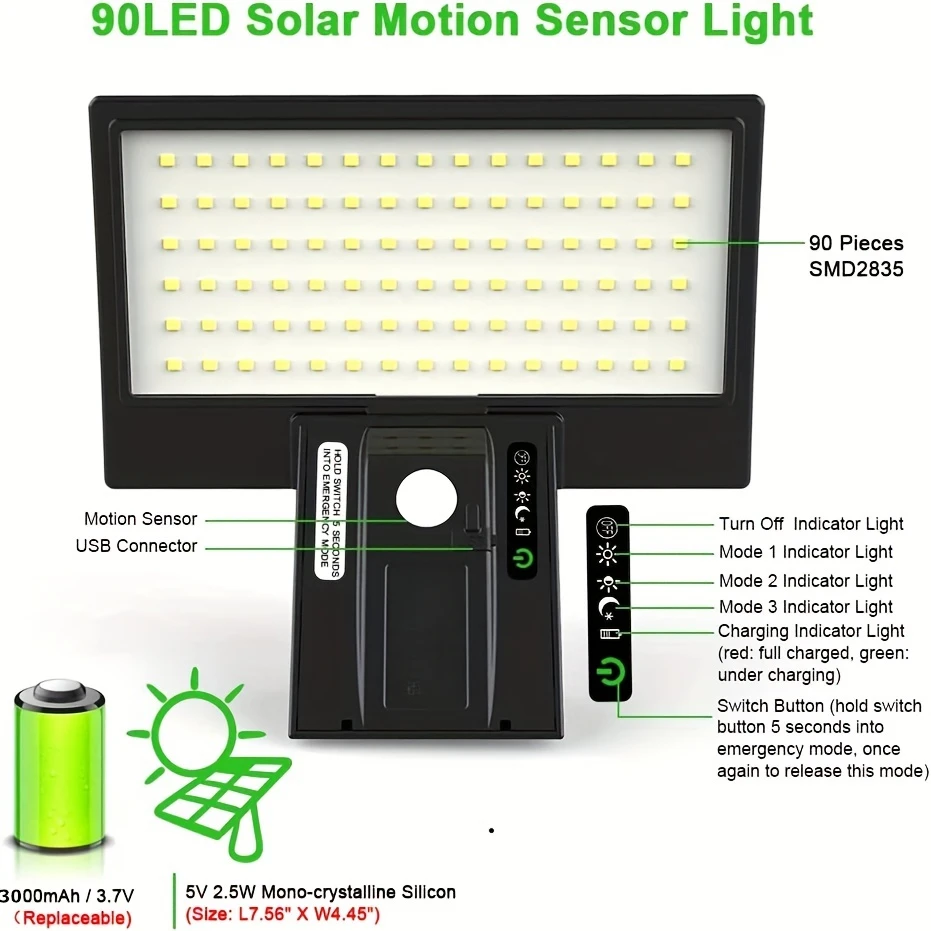 Solar Security Lights Solar Flood Lights Outdoor Waterproof with Motion Sensor 4 Modes 90 LEDs Wall Lights for Porch Yard Garden