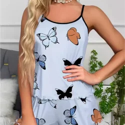 Women Pajamas Sleepwear Pajama Set Camisole Shorts Blue S M L Butterfly Print Ice Silk Comfortable Casual Summer Soft Fashion