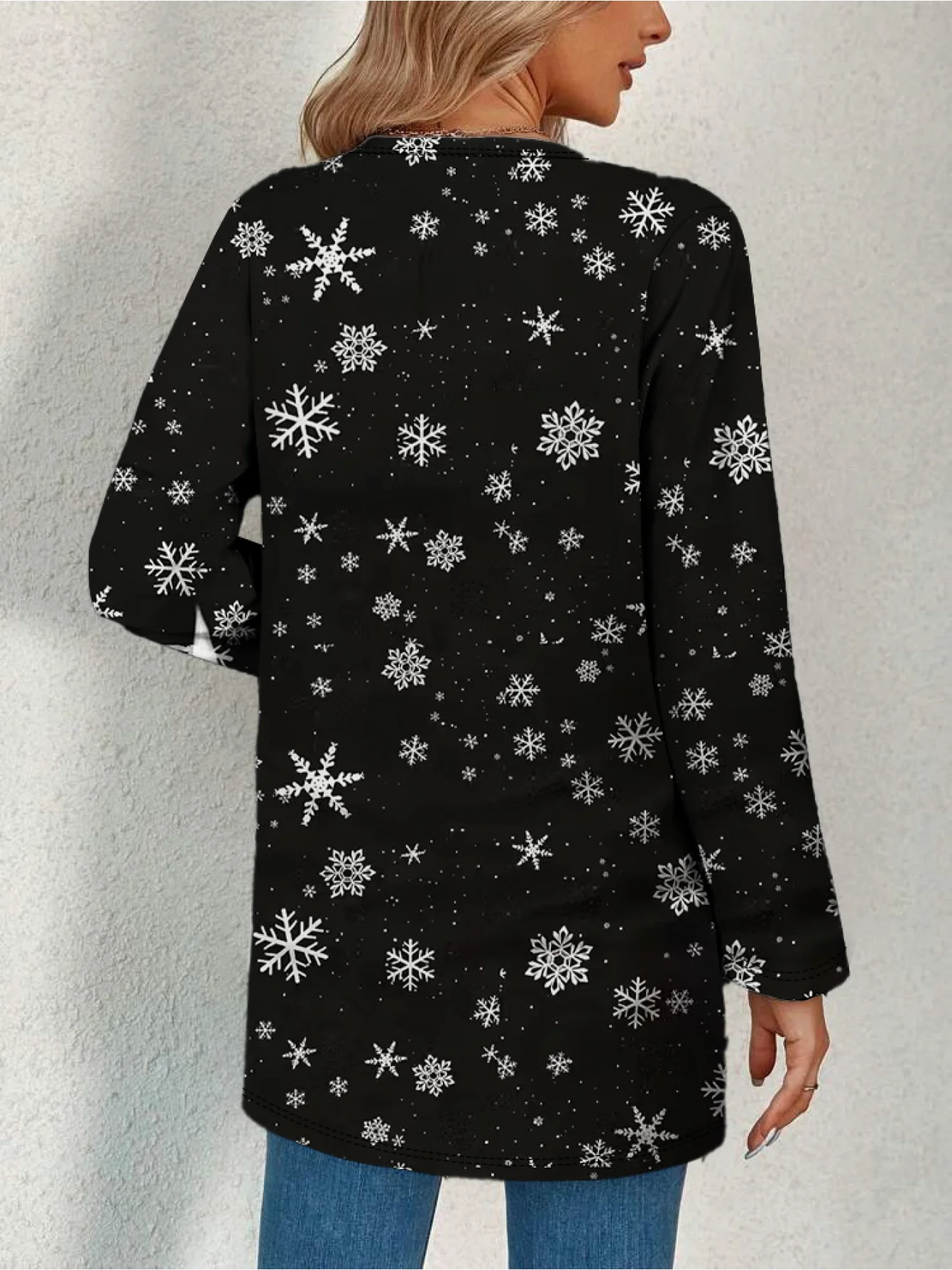 Plus Size Women Black Snowflake Print Open Front Cardigan Long Sleeve Casual Christmas Holiday Outerwear Top