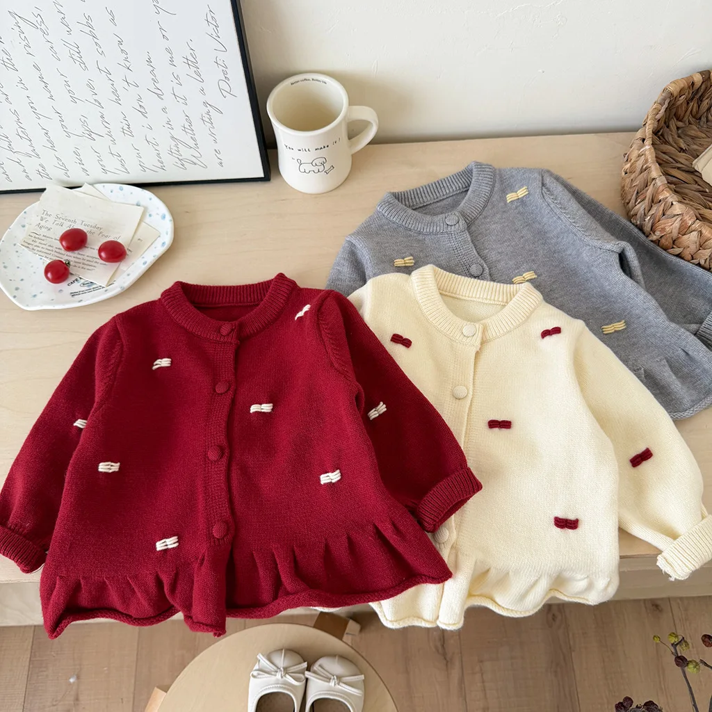 Korean Childrens Wear 2026 Fall Winter New Kids Stylish Bow Knot Sweater Cardigan Baby Sweet Versatile Cardigan