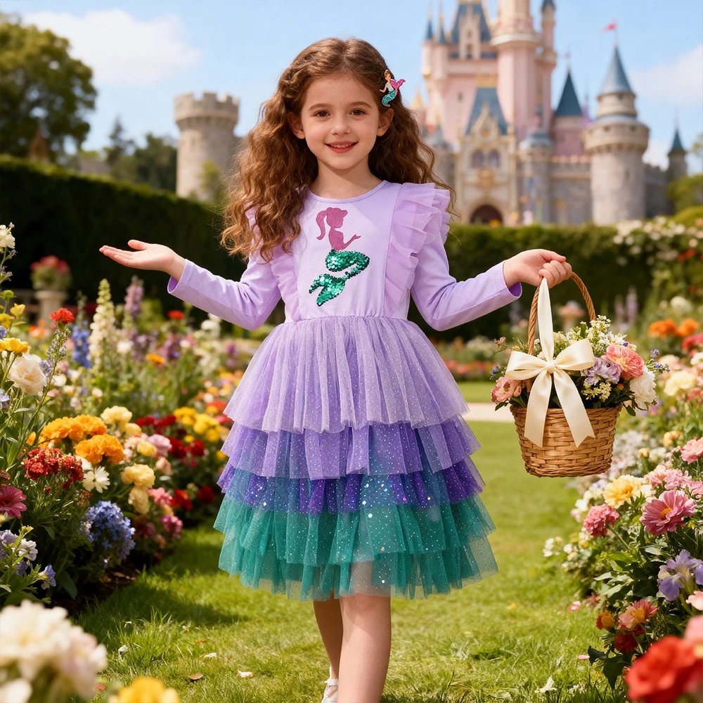 DXTON 2024 Girls Dresses Winter Children Birthday Party Costumes Mermaid Sequin Princess Tutu Dress Patchwork Toddler Mesh Dress