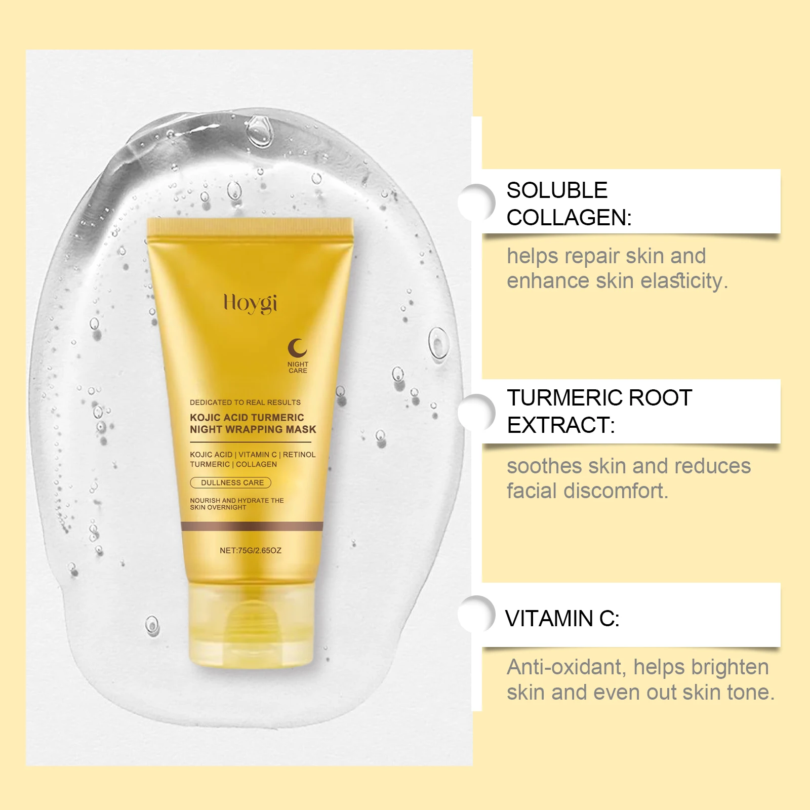 Turmeric Collagen Face Mask Overnight Peel off Wrapping Facial Mask Reduce Sagging Brighten Dullness Glowing Kojic Acid Skincare