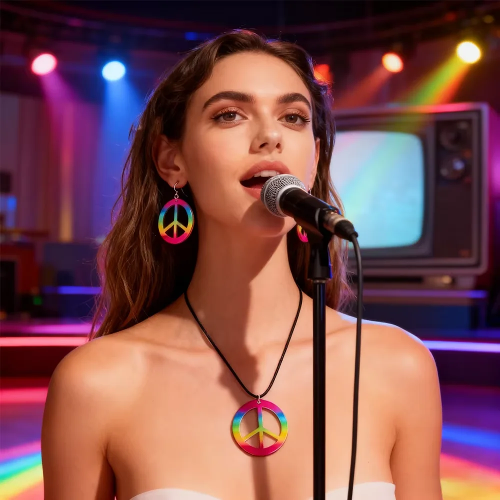 PESENAR 1960er Jahre Stil Regenbogen Friedenszeichen Schmuckset Halskette und Ohrringe für Retro Vintage Hippie Kostüm Party Zubehör