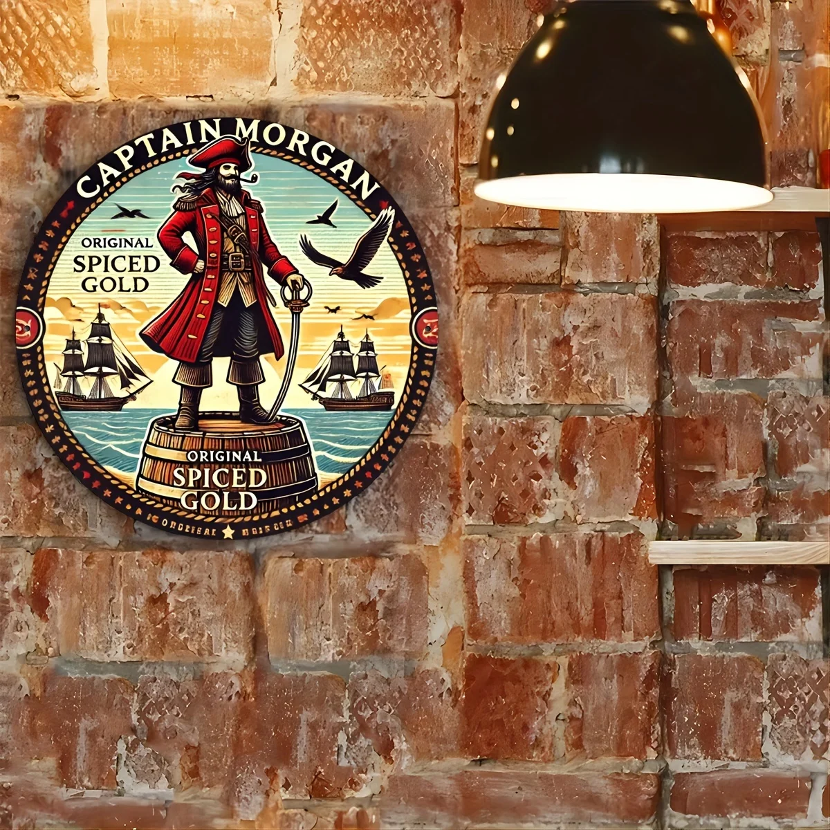 علامة نقش من رقائق الألومنيوم المستديرة الذهبية المتبلة الأصلية من كابتن مورغان، ديكور جداري متعدد الأغراض للمنزل والبار