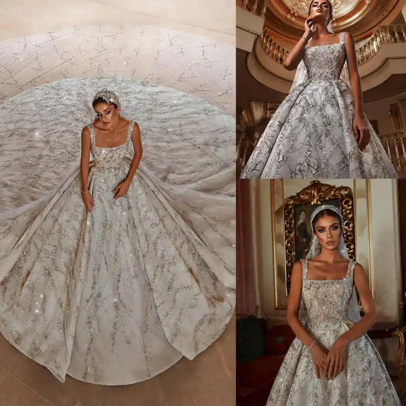 

Brilliant Ball Gown Wedding Dresses Square Collar Rhinestones Evening Party Gown Vestido De Noiva Court Train Customized