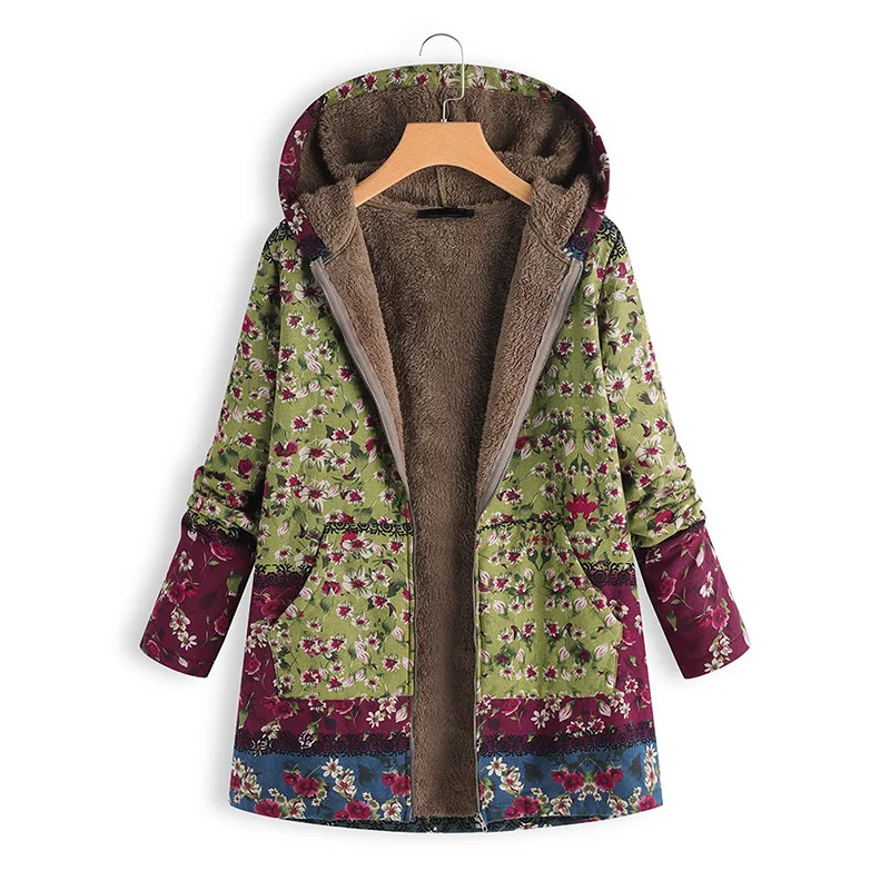 L-5XL 2022 Plus Size Women Clothing Winter Fall Outfits Female Jacket Fashion Printing Long Sleeve Hoodie Flocking Warm Coat