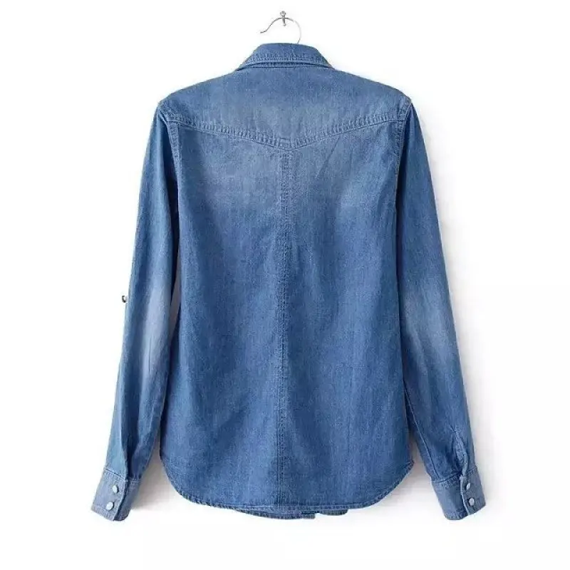 Jaket tipis wanita kemeja Denim 2024 lengan panjang kasual musim semi dan musim gugur Vintage kerah rebah blus Fashion wanita