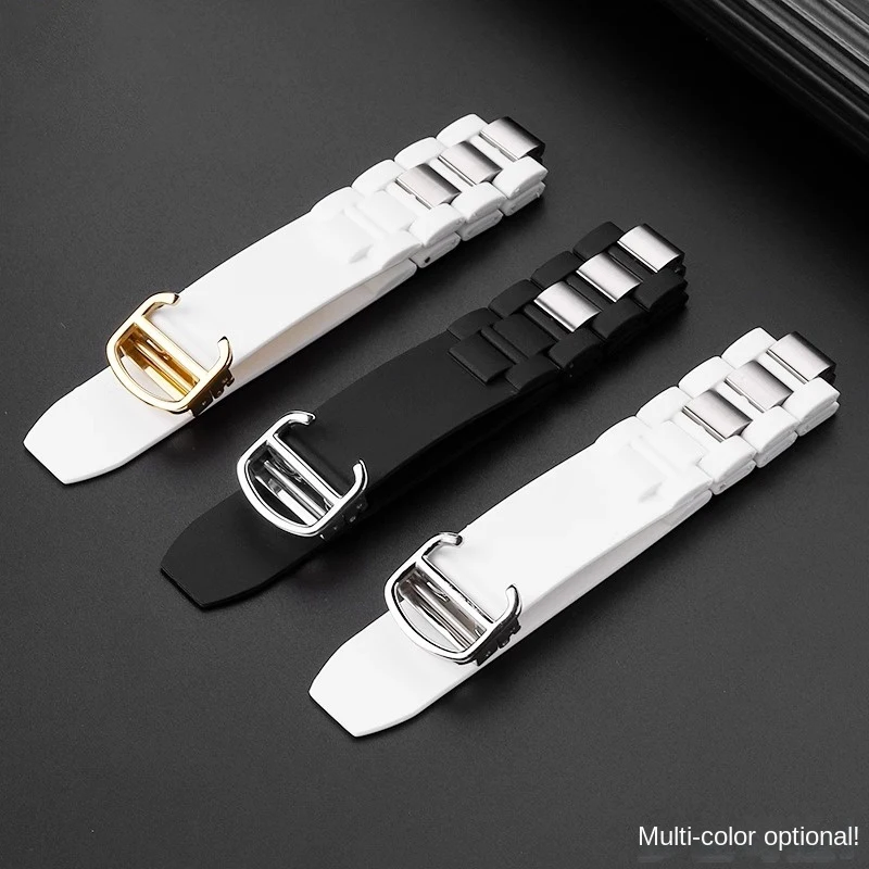 20x10mm Silicone Strap for Cartier 21th Century Watch Raised Edge Waterproof Band, Black/White Luxury Watch Bracelet Replacement