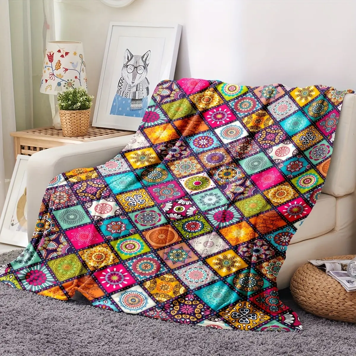 Vintage Bohemian Ethnic Printed Flannel Throw Blanket, Retro Knitted Design Single Air Conditioner Blanket for Home Office