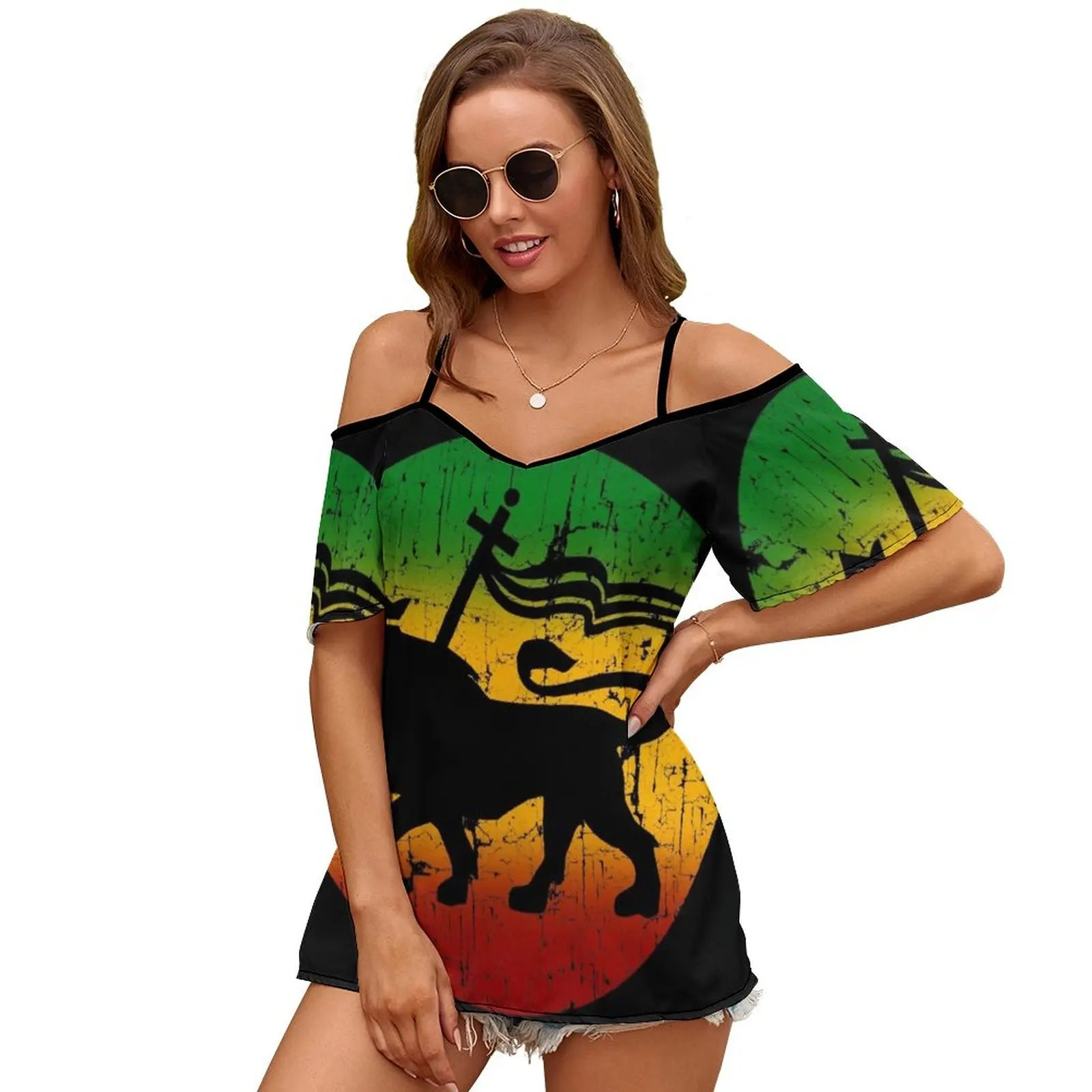 Lion Of Judah Rasta Reggae Music Design Slit Sleeve Cold Shoulder Print Women T Shirt Casual Summer Tee Tshirt Loose Top