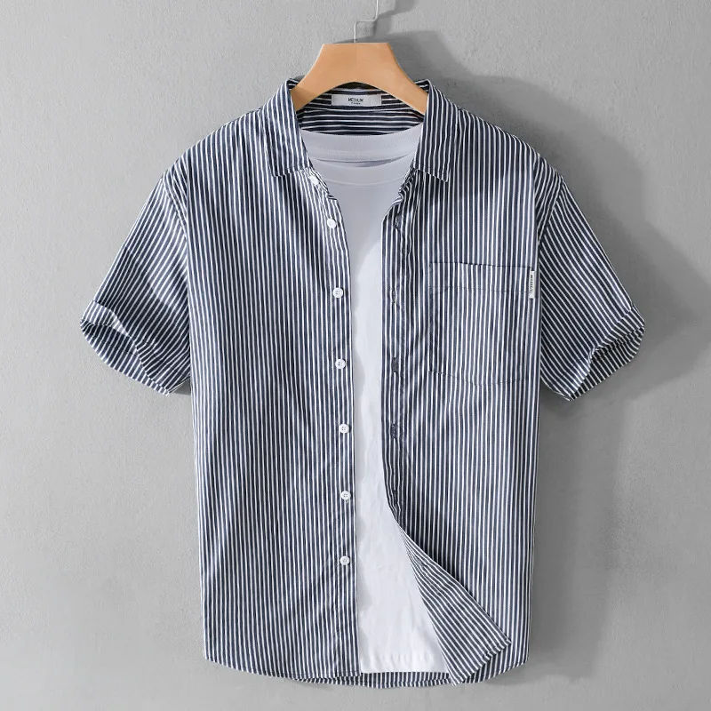 

Striped Short Sleeve Shirt for Men Summer New Cotton Stripes Tops male Turn-down Collar Clothing