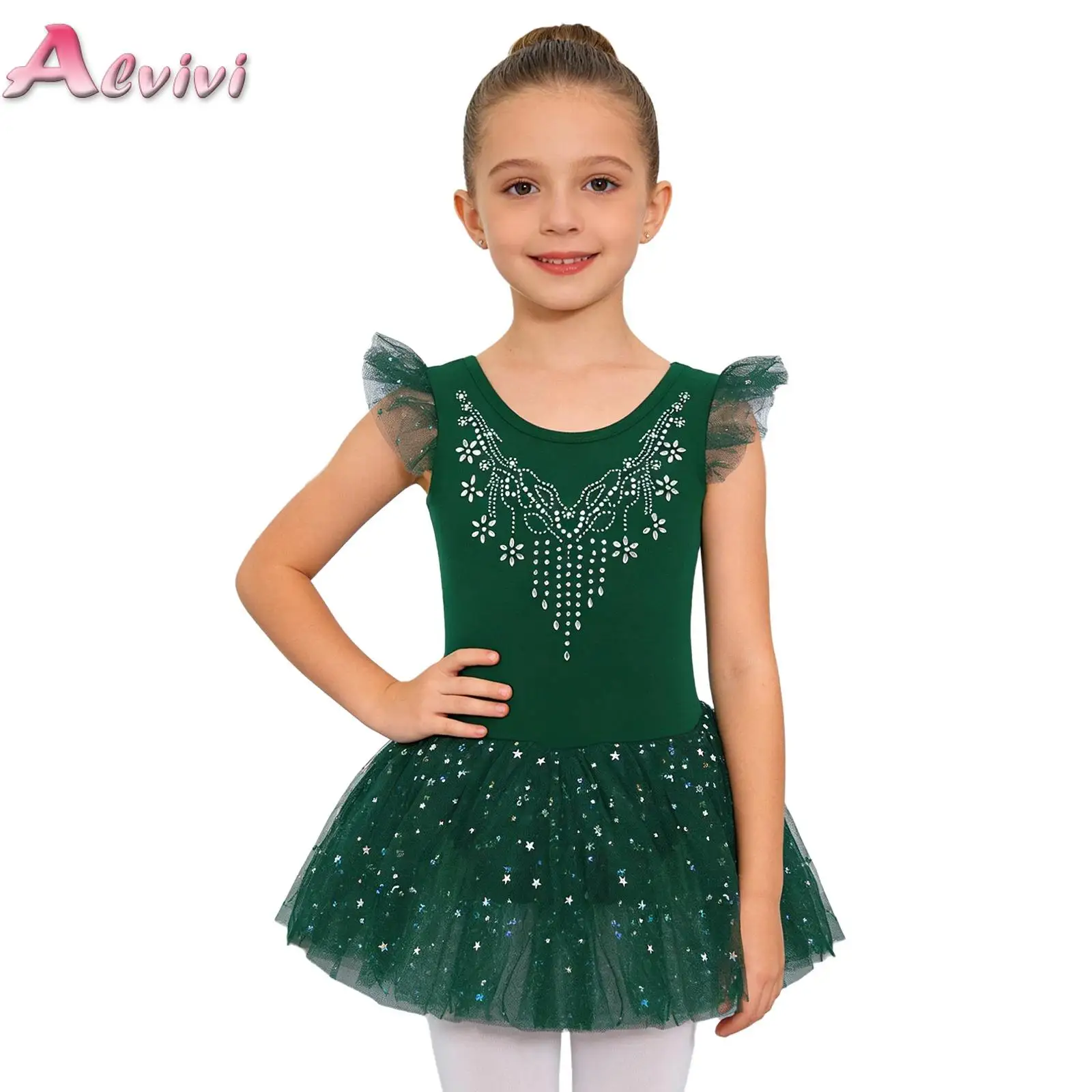 Kids Girls Ballet Dance Tutu Dress Ruffle Sleeves Bow Back Shiny Rhinestones Bodice Sequins Tulle Dress with Built-in Briefs