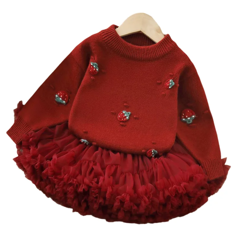 LILIGIRL Sequin Strawberry Knit Set for Girls, 2-Piece Top with Tulle Skirt, Cute Autumn Party Outfit