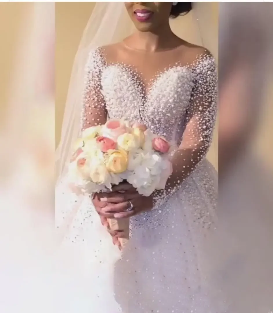 Personalizado novo vestido de casamento elegante manga longa lantejoulas rendas nupcial frisado feito sob encomenda 2024 vestidos