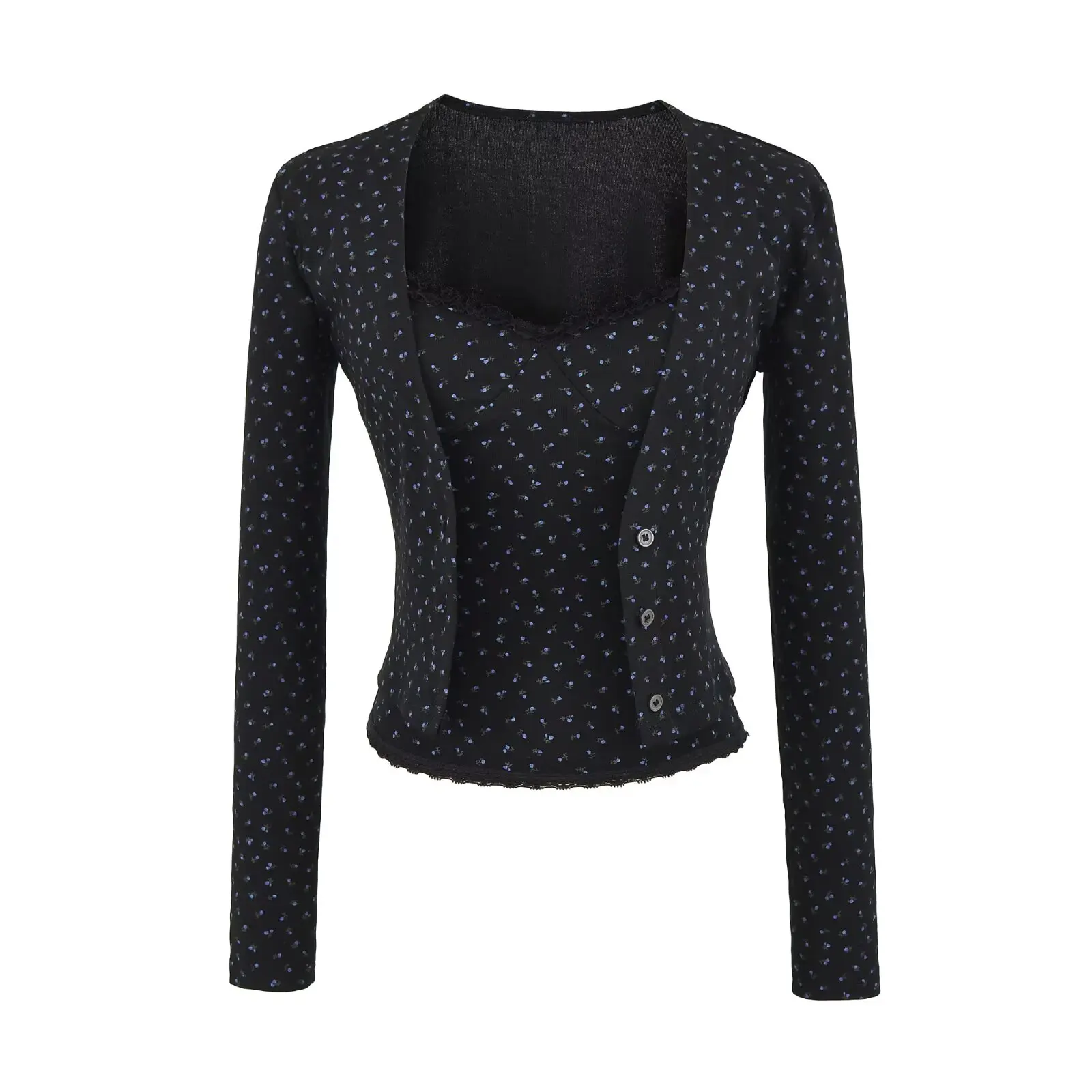 T-shirt da donna lavorate a maglia a maniche lunghe con top a canotta T-shirt slim elastiche con stampa floreale a righe