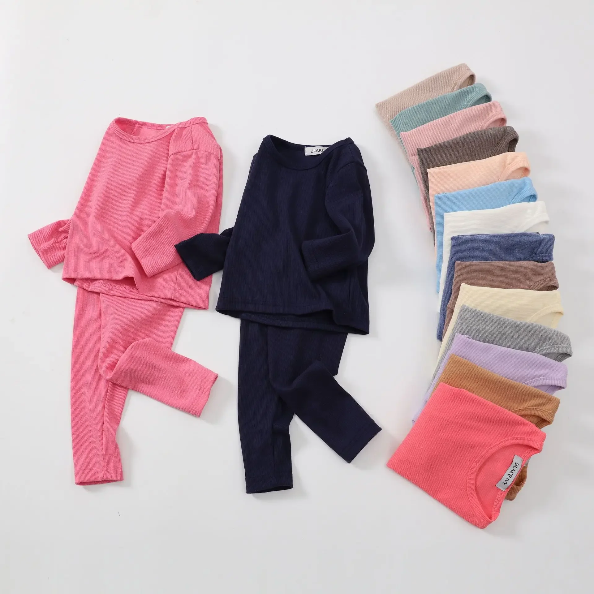 Winter Warm Boys Sleepwear Kids Pyjamas Children Baby Girls Pajamas Solid Color Ribbed Clothes Suits Nightwear Pijama Infantil