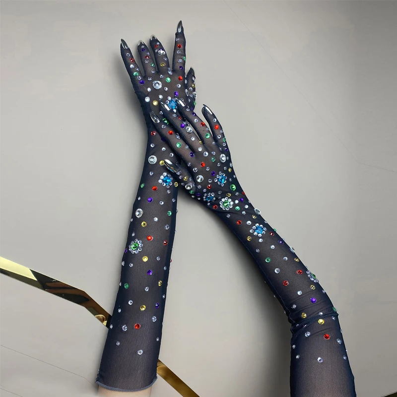 Colorful Pearls Rhinestones Gloves Women Gogo Dance Wear Nightclub Dj Ds Jazz Rave Outfit Stage Performance Accessories XS7029