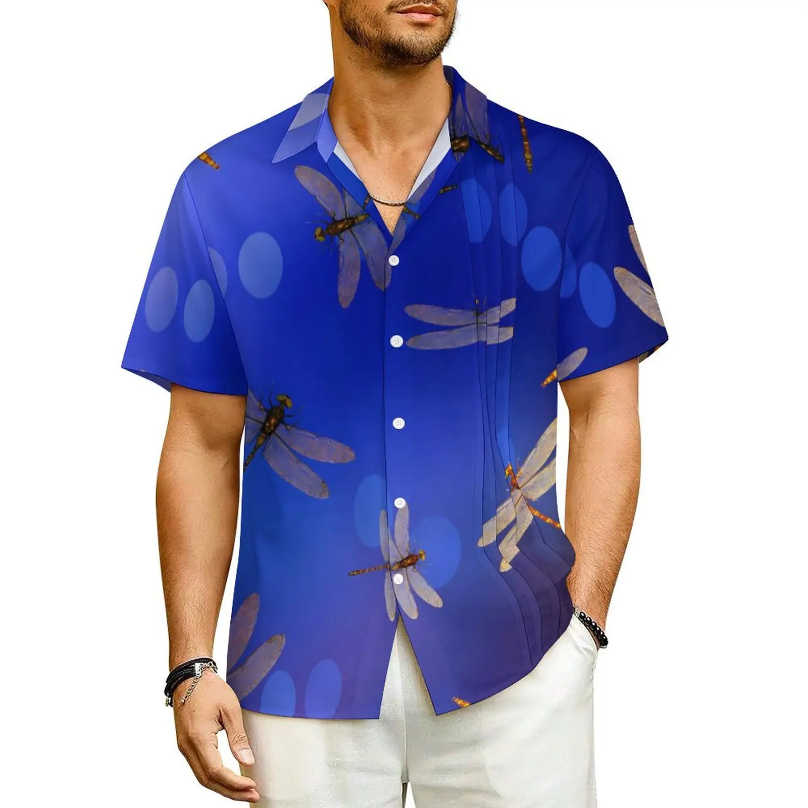 

Blue Dragonfly Casual Shirt Gradient Print Novelty Summer Shirts Mens Short-Sleeved Vacation Street Design Plus Size 4XL Blouses