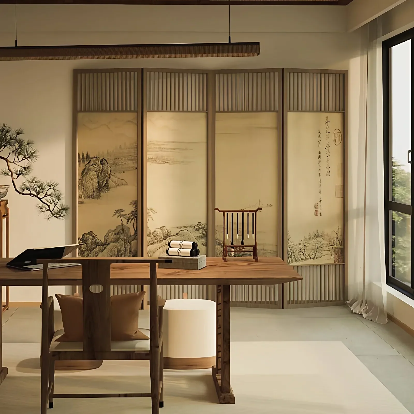 New Chinese Style Song Style Zen Landscape Painting Solid Wood Four-Fold Grille Screen Living Room Tea Room Partition