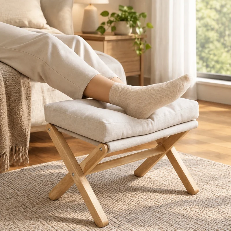 Wooden Folding Footstool with Padded Cotton Seat for Living Room and Entryway Comfort