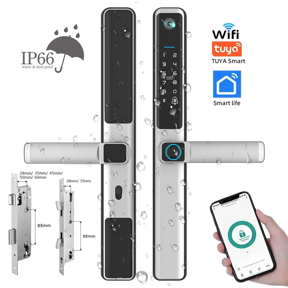 Tuya App Remote Operation Smart Door Lock with Camera Keyless Handle Ultra-thin Stainless Steel Biometric Door Lock